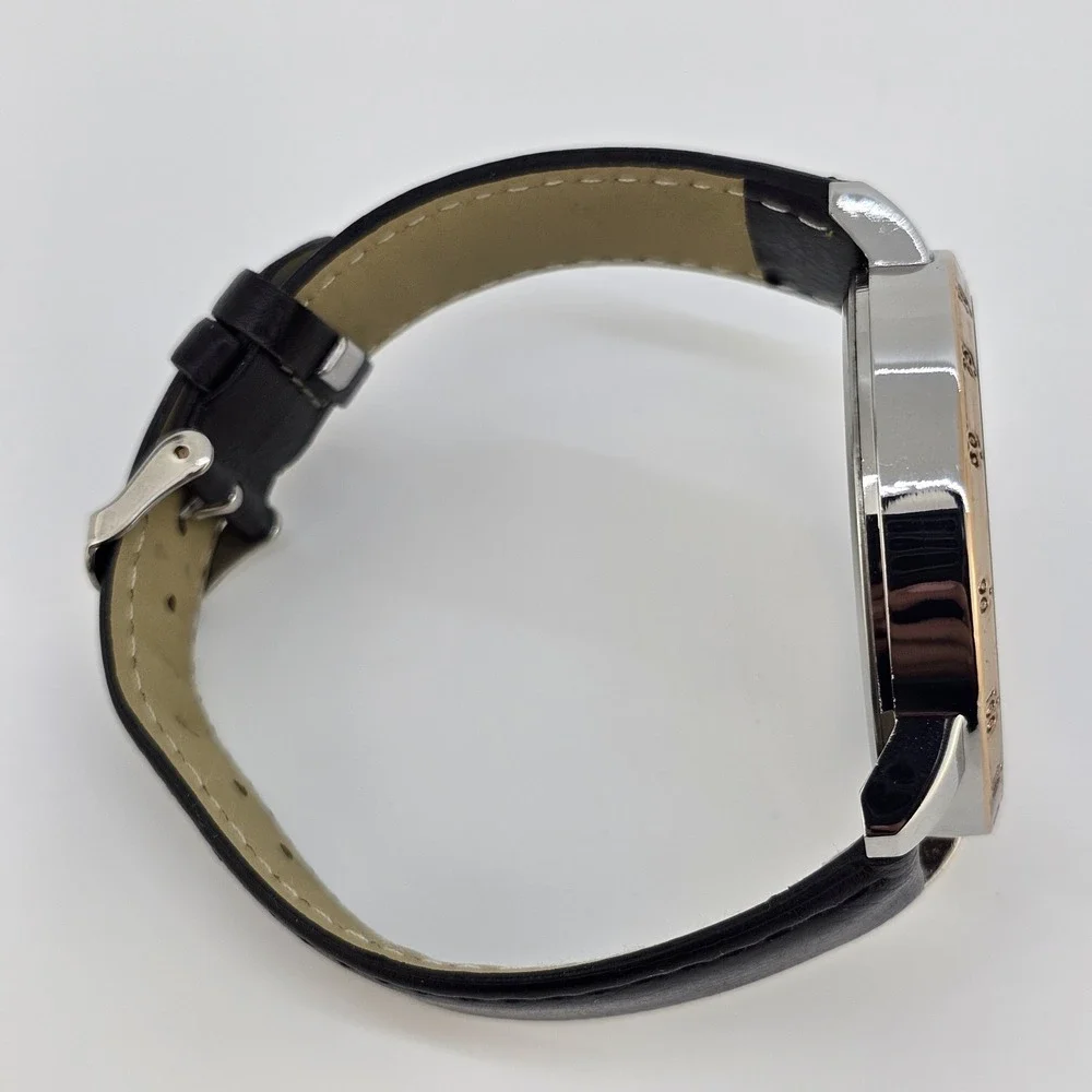 48MM Men's Analog Watch Black Dial Black Faux Leather Bands New‎ Battery